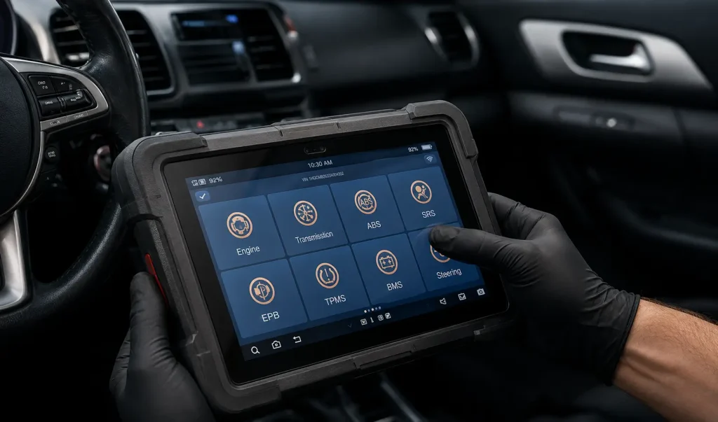 Mechanic Using Automotive Diagnostic Tablet